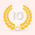 10 years anniversary laurel wreath 3d logo or icon. Jubilee, birthday badge, label design. 10th celebrating emblem. Royalty Free Stock Photo